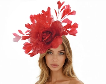 Red Ascot Kentucky Derby Tea Party Fascinator Hat: Oversized Silk Rose Feather Headband