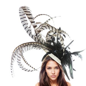 Cream Black Large Feather Statement Fascinator Hat Hatinator for Kentucky Derby Ascot Preakness Church Weddings Tea Party Occasion Woman