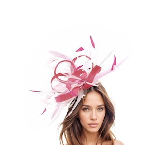 Hot Pink Candy Kentucky Derby Fascinator Hat Feather Fancy Statement Large Custom Designer Tea Party Cocktail Formal Event Wedding Dress Fun