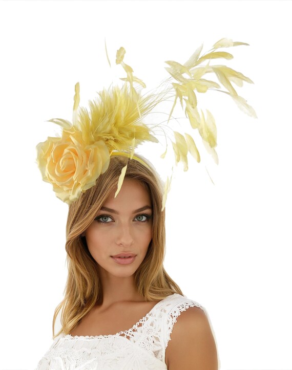 HAT Headband for Cocktail, Yellow CHRISTIANE COCKTAIL HAT - Lemon Yellow and Ivory - Gold  main image 4