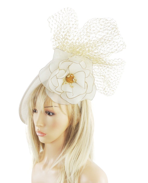 Ivory off White Gold Flower Kentucky Derby Ascot Fascinator 