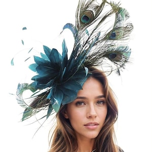 Teal groene pauwenveer verklaring Hatinator Womens Kentucky Derby hoeden bruiloft Royal Ascot tovenaar hoofddeksel kerk dames hoofddeksels