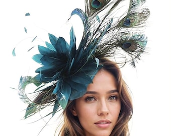 Teal Green Peacock Feather Statement Hatinator Womens Kentucky Derby Hats Wedding Royal Ascot Fascinator Headpiece Church Ladies Headwear