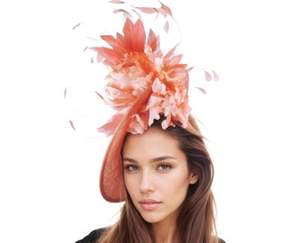 Coral Pink Fascinator Headpiece Royal Ascot Kentucky Derby Oaks Melbourne Dubai Weddings Mother of Bride Tea Cocktail Party Ladies Day Races