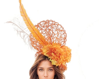 Orange Feather Kentucky Derby Fascinator Hat Wedding Cocktail Garden Party Ascot Formal Occasion Races Ladies Day Woman Headwear Headpiece