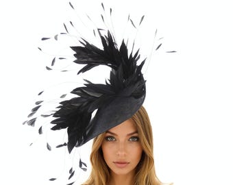 Zwarte statement fascinator voor Royal Ascot, Kentucky Derby, Melbourne Cup, Dubai, bruiloften, cocktailparty's, Ladies Day, formele gelegenheden.
