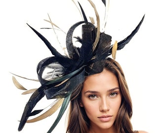 Black Gold Ascot Fascintar Hat Kentucky Derby Oaks Ladies Wedding Guest Cocktail Tea Parties Headpiece Church Headband Mother of The Bride