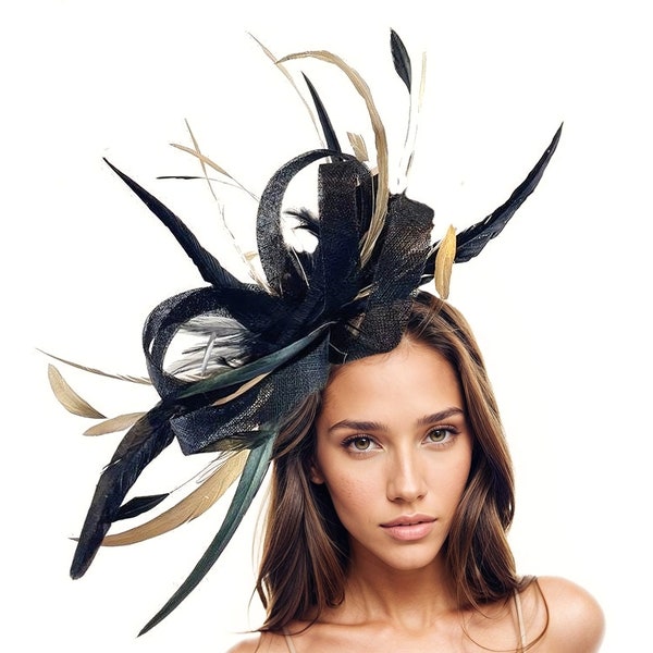 Black Gold Ascot Fascintar Hat Kentucky Derby Oaks Ladies Wedding Guest Cocktail Tea Parties Headpiece Church Headband Mother of The Bride