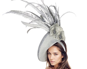 Large Metallic Silver Grey Derby Hat Statement Large Feather Hat Wedding Hatinator Ascot Fascinator Headpiece Ladies Day Races  Kentucky KY
