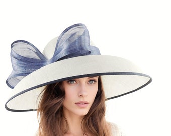 Navy Blue White Kentucky Derby Hats Royal Ascot Church Ladies Race Day Tea Garden Party Wide Brim Wedding Formal Occasion Woman Bow Headwear