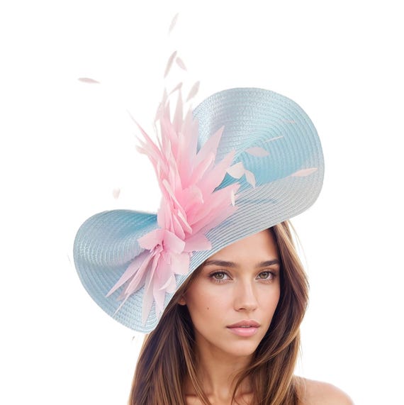 Baby Blue Disc Fascinator Hat With Pink Feathers – Kentucky  display picture 3