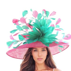 Fuchsia Hot Pink Emerald Kelly Green KY Large Kentucky Derby Wide Brim Hat Ascot Wedding Guest Tea Party  Occasion Hat Race Woman Church Hat