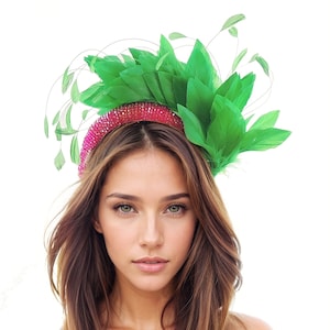 Emerald Grass Green Hot Pink Crystal Derby Fascinator Hat Feather Padded Headband Wedding Cocktail Garden Party Ascot Kentucky Races Woman