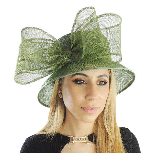 Olive Green Kentucky Derby Hats Royal Ascot Church Ladies Race Day Tea Garden Party Wide Brim Wedding Formal Occasion Custom Order Woman Bow