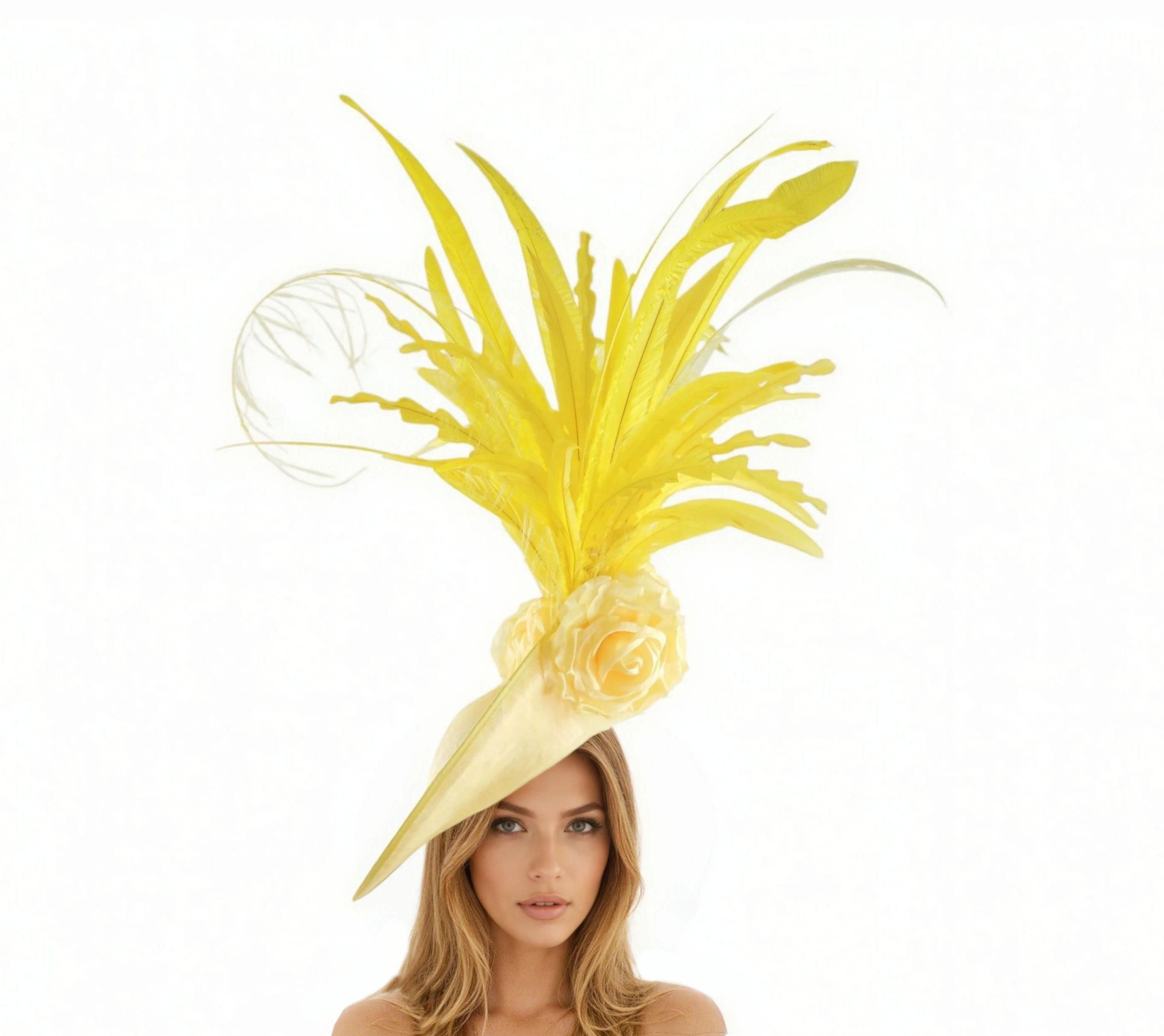 Large Kentucky Derby Hat Ascot Fascinator Lemon Yellow 