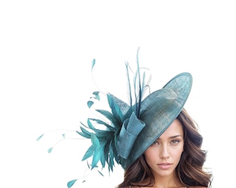 Teal Blue Green Kentucky Derby Hats Wedding  Ascot Fascinator Statement Hatinator Womens Headpiece Headband Church Cocktail Tea Headwear