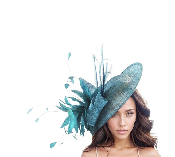 Teal Feather Fascinator | Kentucky Derby, Oaks, Formal Tea Church Hat Headpiece kentucky derby hat fascinator peacock blue velvet headband  main image 4