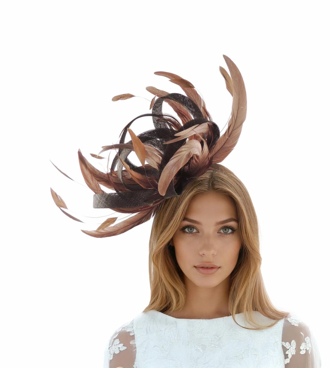 NEW Mocha Brown Satin & Feathers Fascinator Hat For tea Parties horse Derby Brown Satin Feather Fascinator: Derby, Tea Party, Wedding  main image 2
