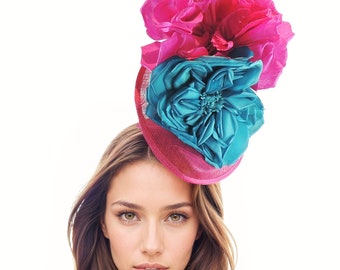 Turquoise Fuchsia Pink Feather Kentucky Derby Fascinator Hat Wedding Cocktail Garden Ascot Formal Occasion Races Ladies Day Woman Headwear