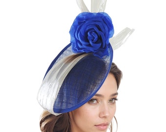 Royal Cobalt Blue Silver Gray Statement Hatinator Womens Kentucky Derby Hats Wedding Royal Ascot Fascinator Headpiece Custom Tea Ladies Day