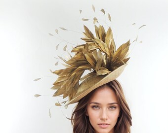 Metallic Gold Statement Fascinator Royal Ascot Kentucky Derby Melburne Cup Dubai Weddings Cocktail Party Ladies Day Formal Headpiece