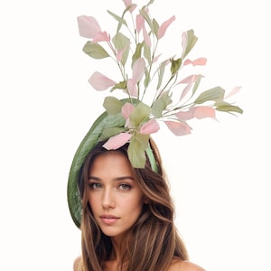 Olive Green Dusky Pink Feather Statement Fascinator Hat Headpiece Woman Weddings Kentucky Derby Oaks Royal Ascot Formal Occasions Headband