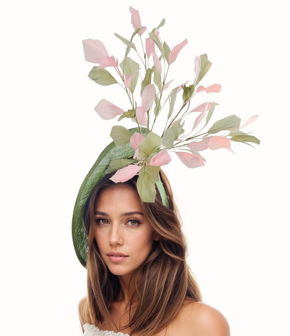 Olive Green Dusky Pink Feather Statement Fascinator Hat  display picture 3