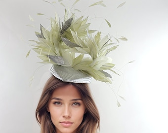 Metallic Silver Grey Sage Mint Green Feather Kentucky Derby Fascinator Hat Wedding Cocktail Garden Party Ascot Formal Occasion Races Woman