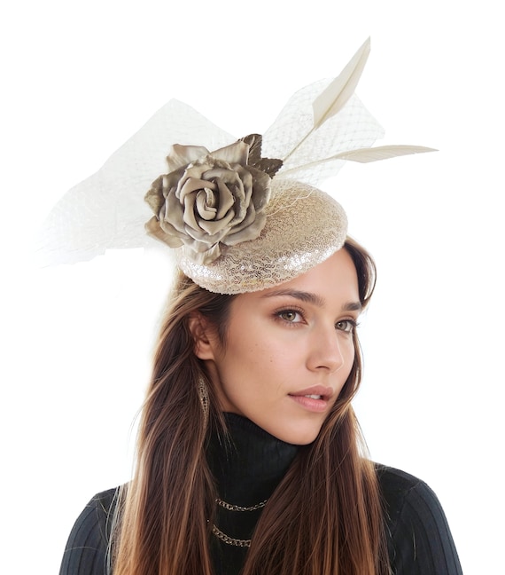 Gold Beige Sequin Kentucky Derby Hats Royal Ascot Church 