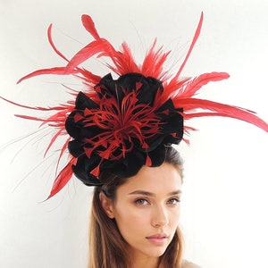 Red Black Floral Fascinator Hats For Women,Red KY Derby Hat,Red Ascot Hat,Red Flower Wedding Hat,Red Tea Party Hat,Black Fascinator Headband