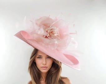 Kentucky Derby Hat Blush Pink Cream Rose Flower Feather  display picture 1