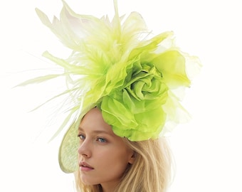 Lime Green Kentucky Derby Hat Apple Green Ascot Fascinator Hatinator Statement Hat Weddings Woman Formal Occasions Tea Party Races Saucer
