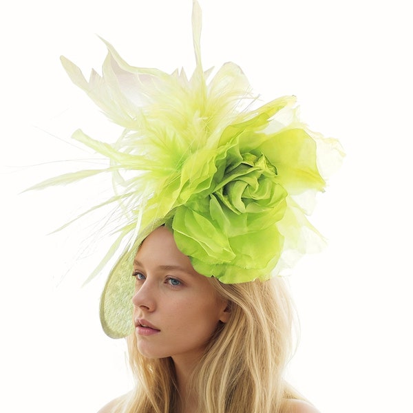 Lime Green Kentucky Derby Hat Apple Green Ascot Fascinator Hatinator Statement Hat Weddings Woman Formal Occasions Tea Party Races Saucer