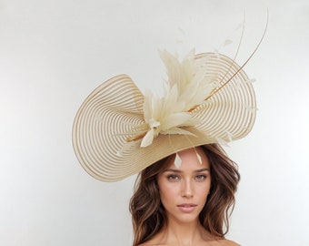 Gold Cream Ecru Feather Statement Hatinator Womens Kentucky Derby Hats Wedding Royal Ascot Fascinator Headpiece Tea Party Ladies Headwear