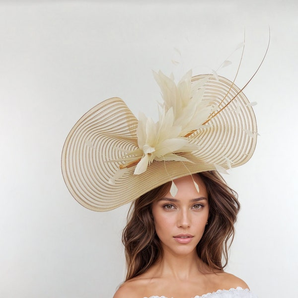 Gold Cream Ecru Feather Statement Hatinator Womens Kentucky Derby Hats Wedding Royal Ascot Fascinator Headpiece Tea Party Ladies Headwear