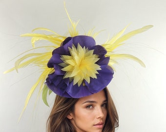 Purple Lemon Yellow Derby Fascinator Hat Headband Kentucky Ascot Wedding High Tea Party Statement Floral Rose Woman Headwear