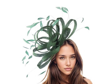 Large Forest Army Dark Green Feather Statement Fascinator Hatinator Hat Kentucky Derby Oaks Ladies Ascot Weddings Cocktail Party