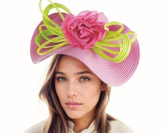 Lime Green Hot Pink Kentucky Derby Fascinator Ascot Hat,Candy Baby Light Fuchsia Lime Acid Wedding Guest Formal Saucer Occasion Tea Party