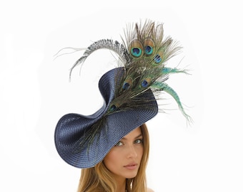 Navy Blue Peacock Feather Fascinator Hat, Teal Green Kentucky Derby Headpiece, Royal Ascot, Ladies Day, Statement Race Day Hat