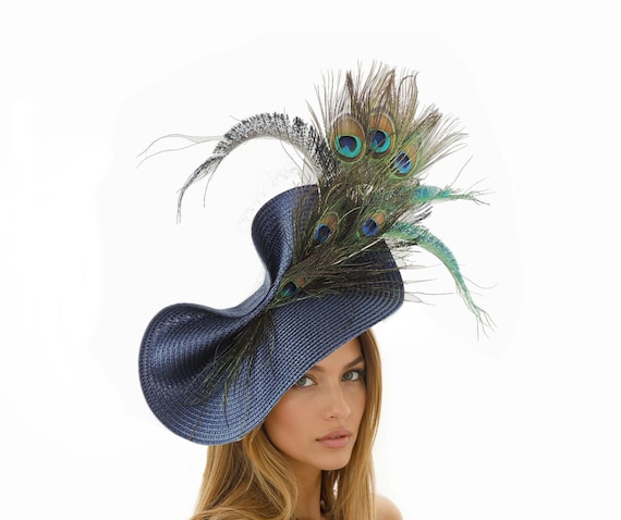 Kentucky Derby Headwear Navy Hat Fascinator Feather Statement Formal Occasion Navy Blue Black Statement Hatinator Kentucky Derby  main image 4