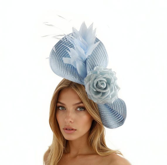 Kentucky Derby Spring Elegant Light Blue Floral Fascinator Hat Church Tea Ascot Kentucky Derby Fascinator Light Powder Blue Roses Floral Hat  main image 3