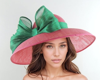 Raspberry Fuchsia Pink Emerald Green Kentucky Derby Hats Ascot Church Tea Garden Party Wide Brim Wedding Formal Occasion Woman Bow