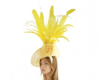 Kentucky Derby Hat Fascinator Organza Feather Elegant Yellow and Blue Statement Statement Sinamay Fascinator Hat W Butterfly Detail  main image 2