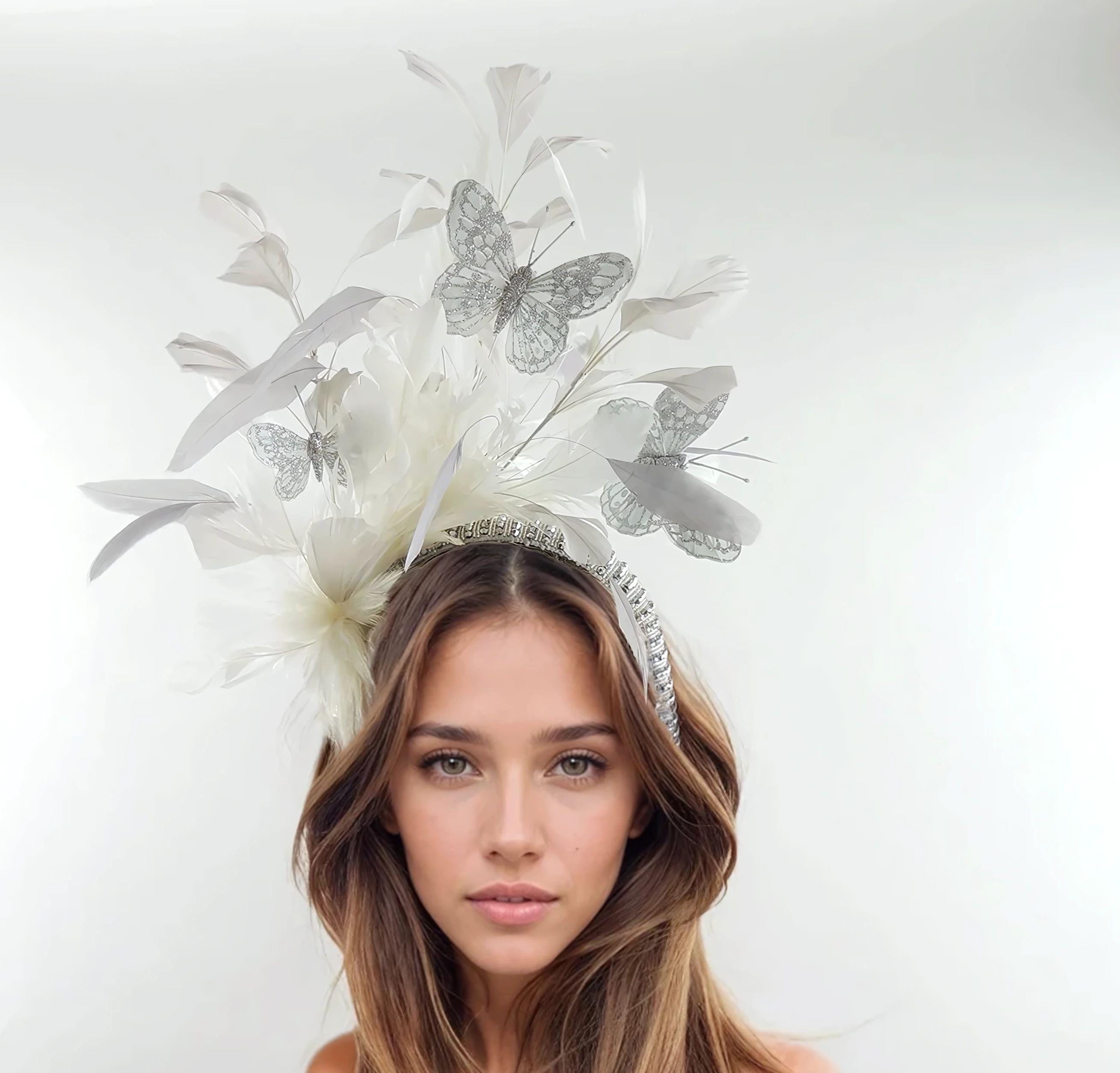 White Silver Feather Butterfly Fascinator Headband: Derby  display picture 3