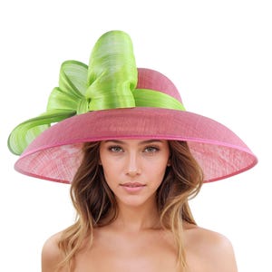 Olive Green Dusty Blush Pink Kentucky Derby Hat Ascot Lunch Church Woman Tea Garden Party Wide Brim Wedding Bow Headwear Elegant Fancy Dark