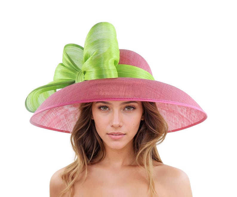 Olive Green Dusty Blush Pink Kentucky Derby Hat Ascot Lunch Church Woman Tea Garden Party Wide Brim Wedding Bow Headwear Elegant Fancy Dark