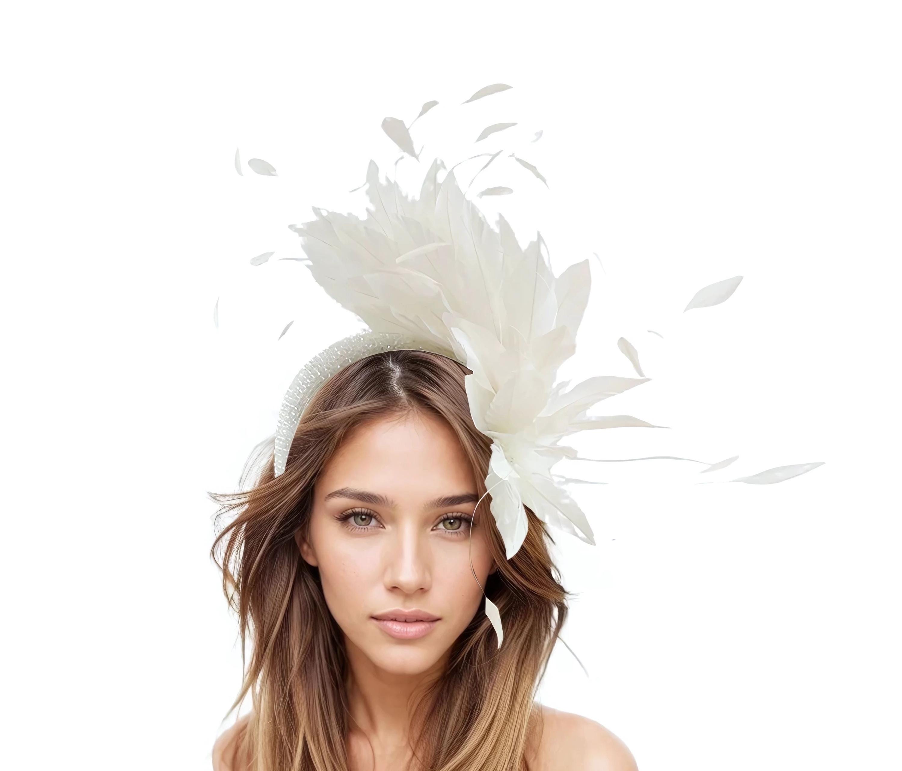 White Orange Crystal Feather Kentucky Derby Padded  display picture 1