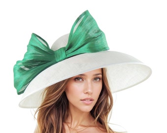 White Emerald Kelly Green Elegant Kentucky Derby Hats Ascot Church Race Day Tea Garden Party Wide Brim Wedding Formal Occasion Woman Bow