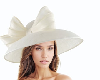 Ivory Off White Ecru Cream Kentucky Derby Hats Ascot Church Race Day Tea Garden Party Wide Brim Wedding Formal Occasion Woman Bow