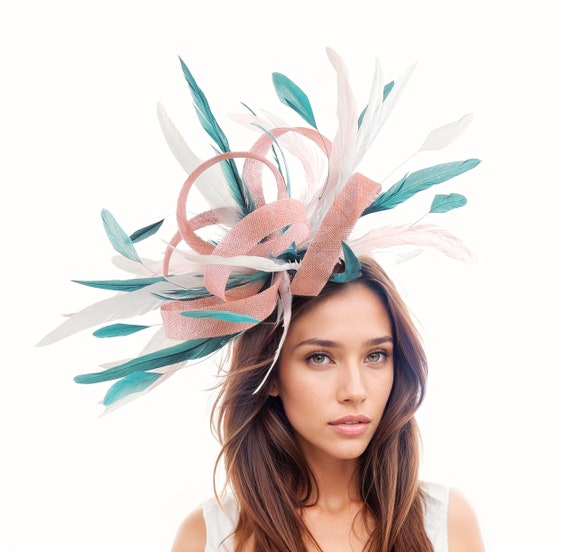 Dusky Dusty Pink Teal Baby Blue Statement Fascinator  display picture 2